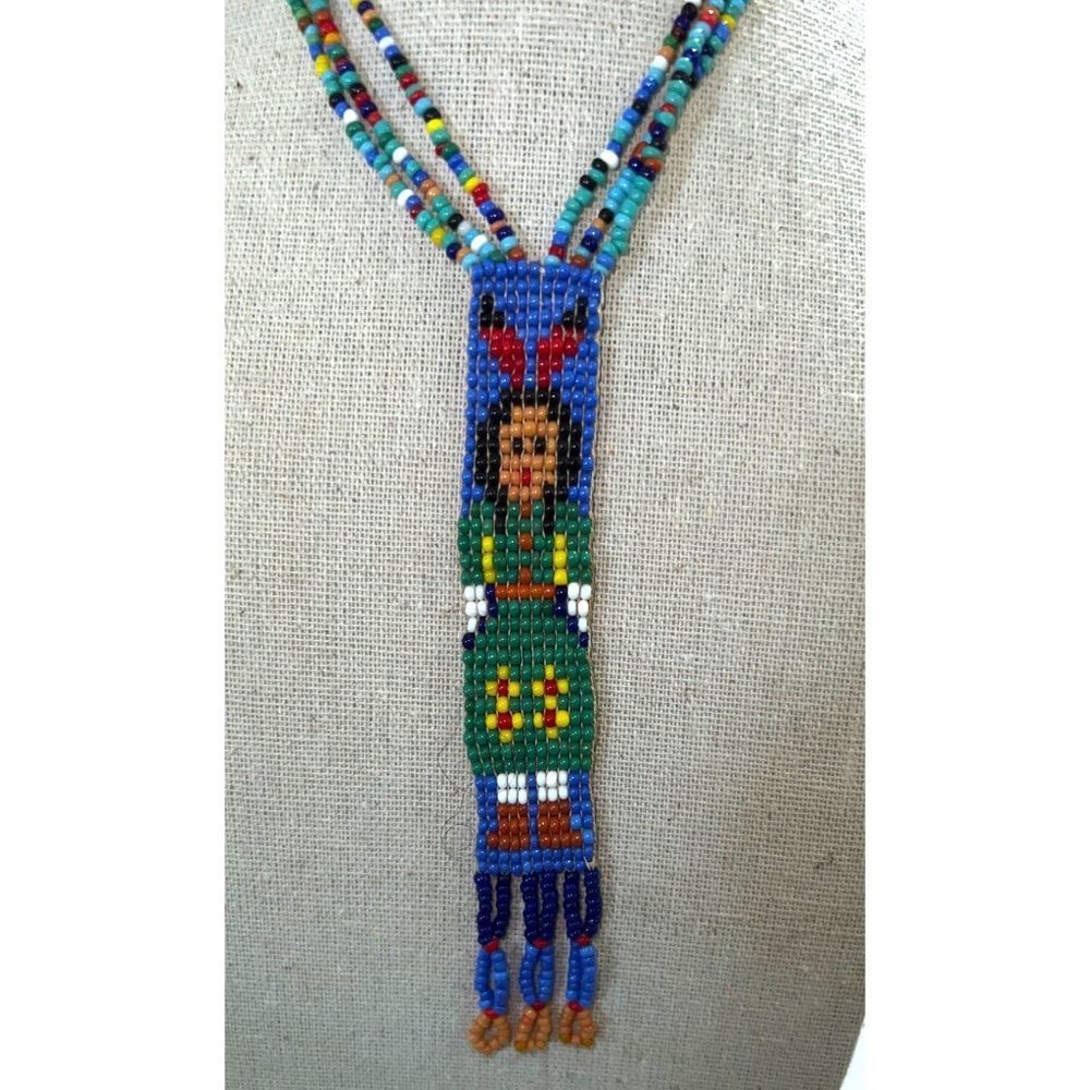 Native Needlepoint Seed Bead Figure Necklace -- 18"